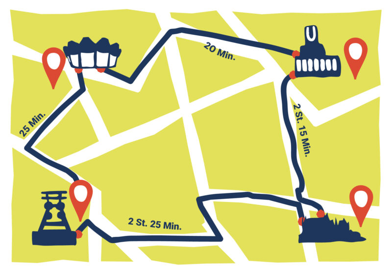 Die Abbildung zeigt eine illustrierte Karte, die die verschiedenen Anfhartszeiten zwischen den Standorten des SFB 1280 zeigt.